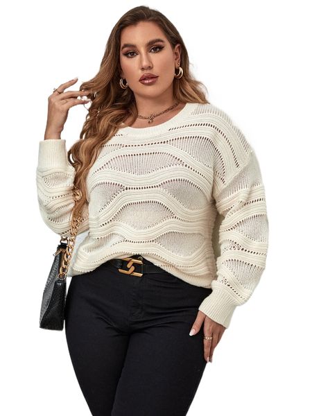 

plus pointelle knit drop shoulder sweater h0em#, Black