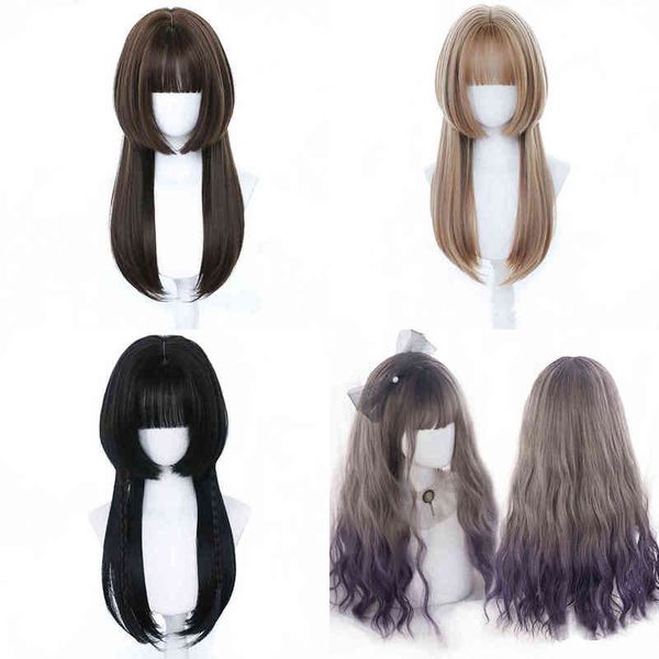 

lolita wigs long straight lady gray blue high temperature resistant synthetic cosplay party natural 220622, Black