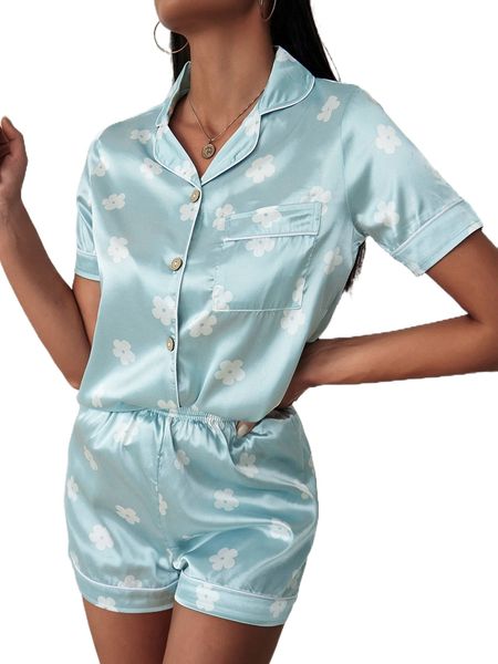 

floral print contrast piping satin blouse & shorts pj set i8nd#, Black;red