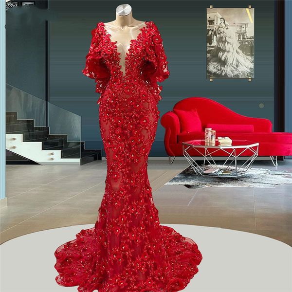 Red Luxury Mermaid Prom Vestidos Sexy Deep V pescoço de mangas compridas lantejoulas apliques contas oco 3d comprimento do piso de flor PLUSTEM