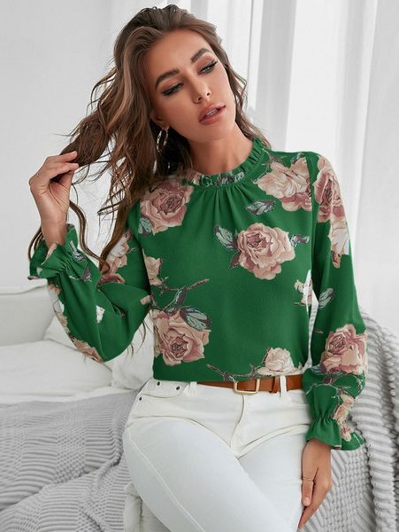 

floral print ruffle neck flounce sleeve blouse o32v#, White