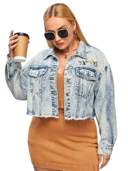 

plus figure embroidered raw trim drop shoulder denim jacket o68r#, Black;brown