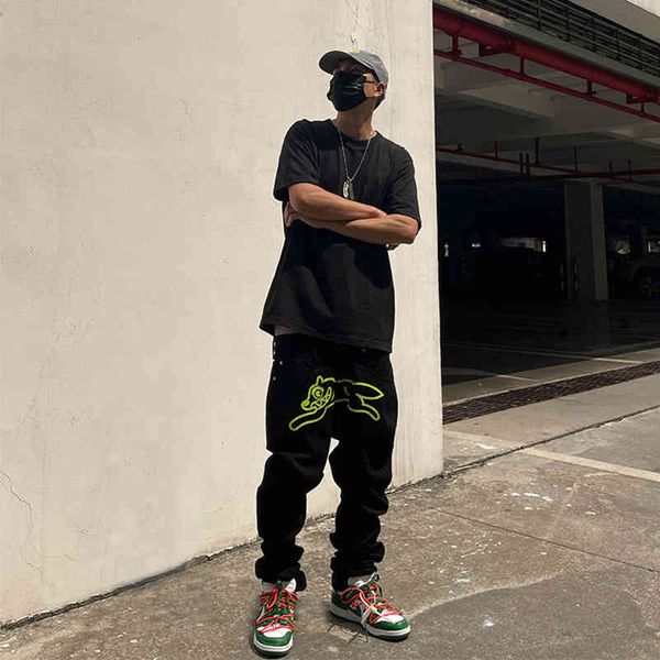 

european and american high street hip hop flying dog printed jeans men's autumn fashion brand ins straight tube loose trend versatile p, Blue