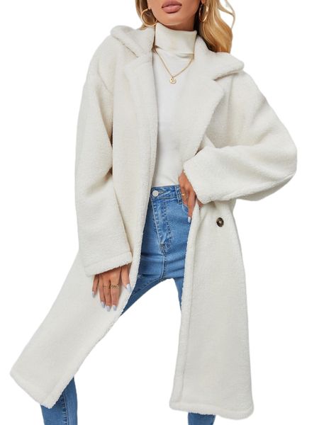 

drop shoulder lapel neck double button teddy coat x36w#, Black
