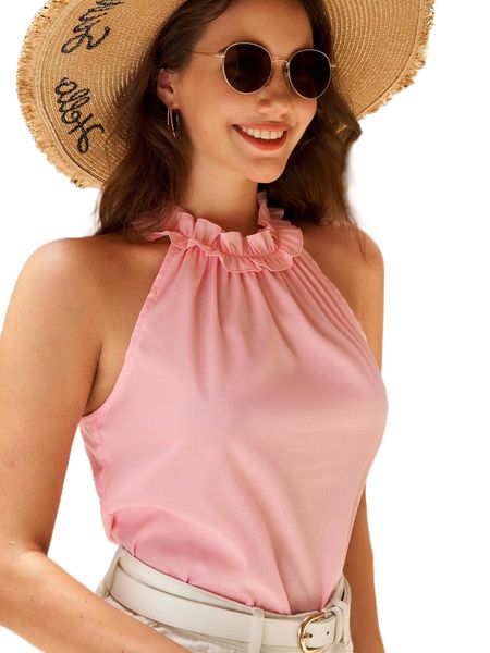 

frilled neck keyhole back blouse t0nk#, White