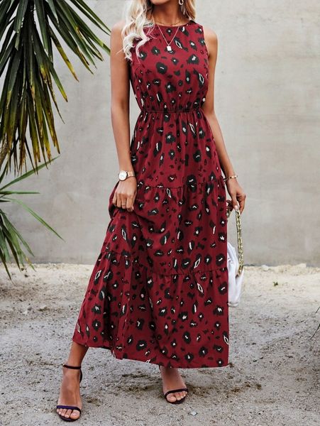 

leopard sleeveless ruffle hem a-line dress h5gy#, Black;gray