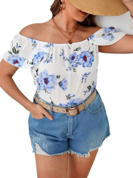 

plus floral print off the shoulder blouse k9o4#, Black