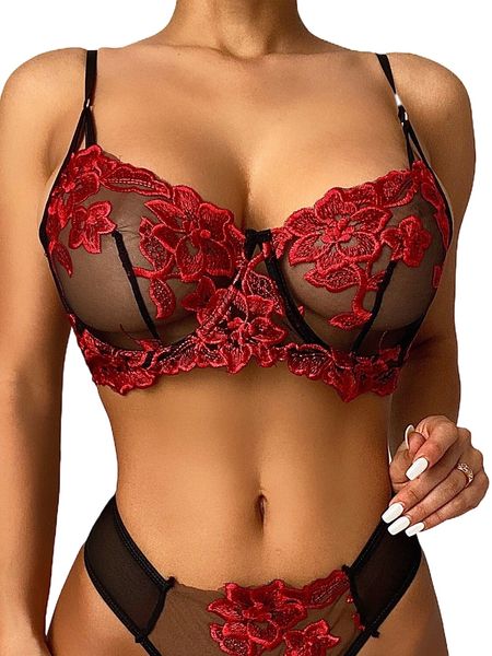 

floral embroidered mesh underwire bra 21wz#, Black;red