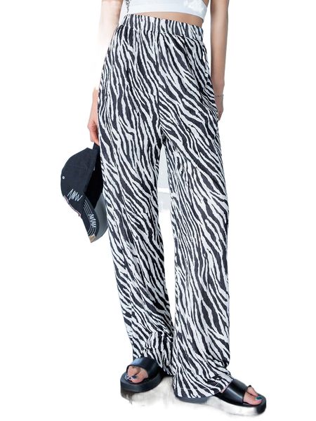 

dazy zebra striped print plisse pants i2ii#, Black;white