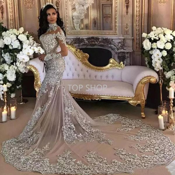 NUOVO!!! Abito da sposa sirene con collare alto estivo boho maniche lunghe lunghezza della tromba di tromba di panoramica dubai abiti da sposa africani abiti da sposa realizzati 2022