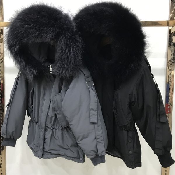 

large real raccoon fur women winter jacket hooded warm female white duck down jacket medium long parkas loose women coat y200107, Black