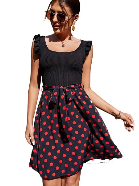 

polka dot print ruffle trim dress n1ml#, Black;gray