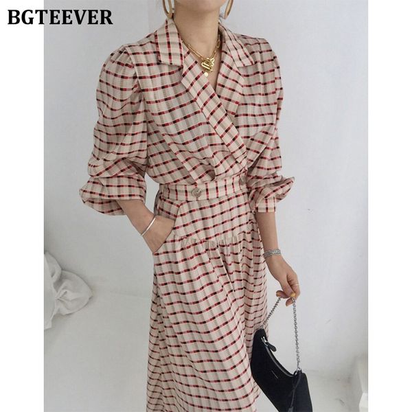 

bgteever spring vintage plaid midi dress for women full sleeve slim waist pockets female a-line dress 2022 casual ladies vestido, Black;gray