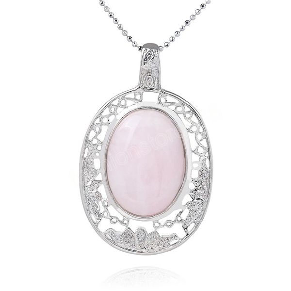 

big natural crystal necklace pendants for women semi-precious pink quartz pendant oval healing rose crystals jewelry, Silver