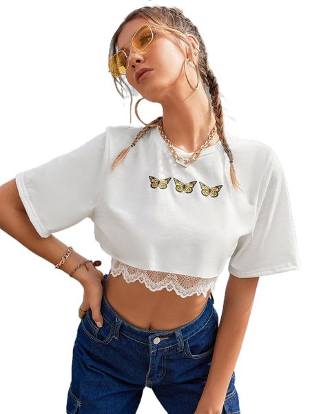 

b.utterfly print crop t.ee & scallop trim l.ace c.amisole q4rz#, White