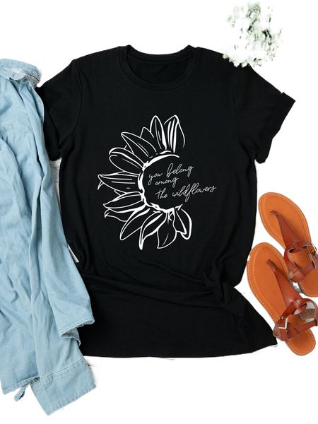 

plus floral & slogan graphic tee t6sa#, Black