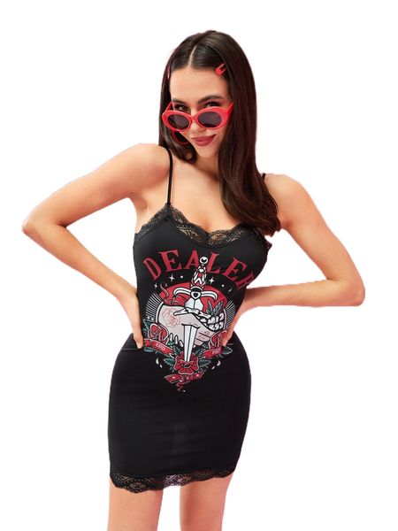 

x drawdoland graphic print contrast lace bodycon dress m6ut#, Black;gray