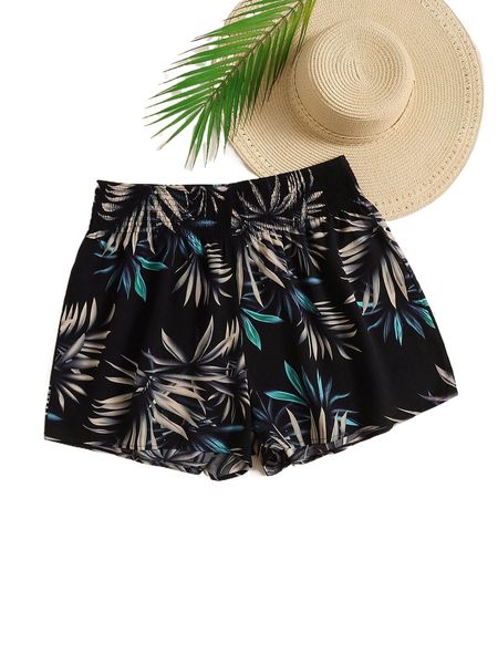 

plus tropical print shirred waist shorts 05oi#, Black