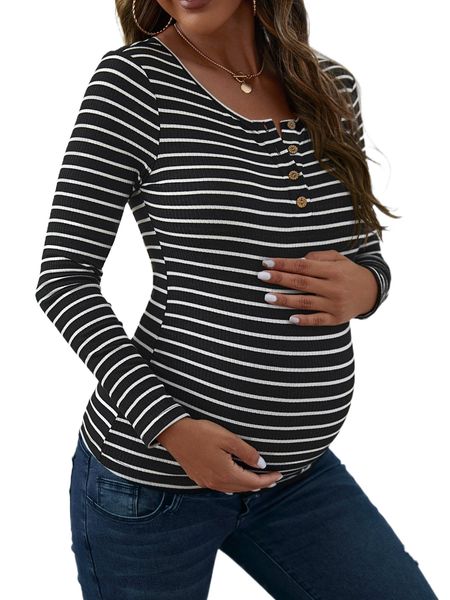 

maternity striped button front tee p1mu#, Black