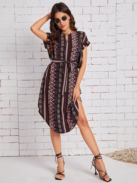 

notch neck belted geo dress k635#, Black;gray