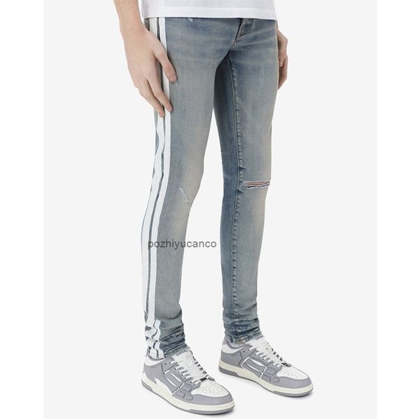 

designer men jeans ch amirs high street tide brand washing water used yellow mud blue side stripe stamping hole slim fit jeans men