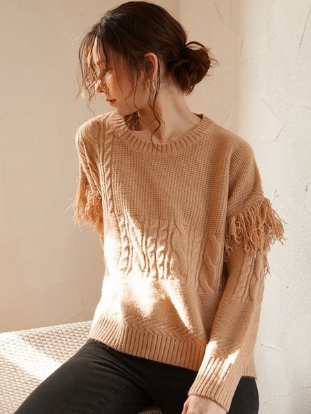 

knit mix cable knit drop shoulder fringe trim sweater b1tg#, White;black