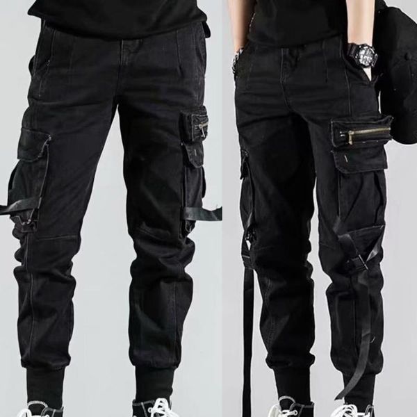 

men's pants men's side pockets harem solid color strap multi hip-hop style autumn cargo for street dance casual pantsmen's, Black