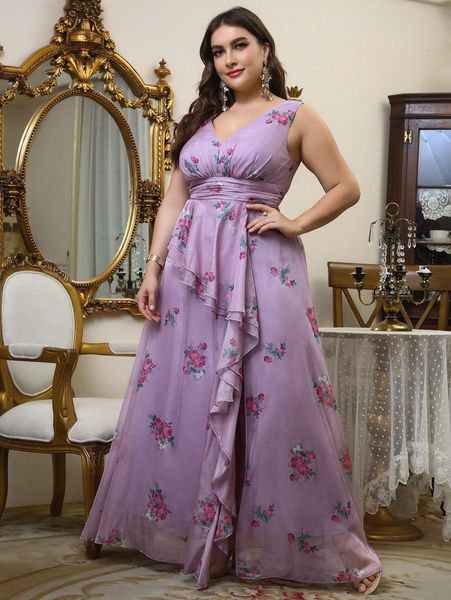 

plus floral print draped a-line dress h5ee#, Black