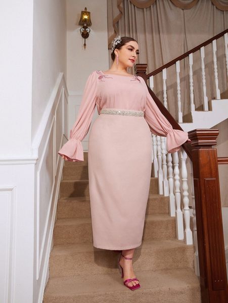 

plus rhinestone detail flounce sleeve & skirt without belt m1zz#, Black