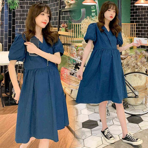 Korean Styly Schwangere Frauen Baumwollkleid Kurzen Ärmeln V-ausschnitt Elegante Frau Aline Kleid Adrette Schwangerschaft Empired Kleider J220628