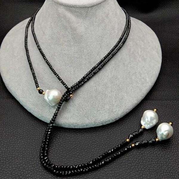 Collana lunga perle bianca con spinello nero sfaccettato naturale 51 