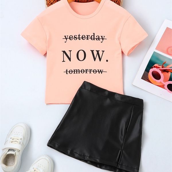 

little girl's letter t-shirt and slit skirt she, White