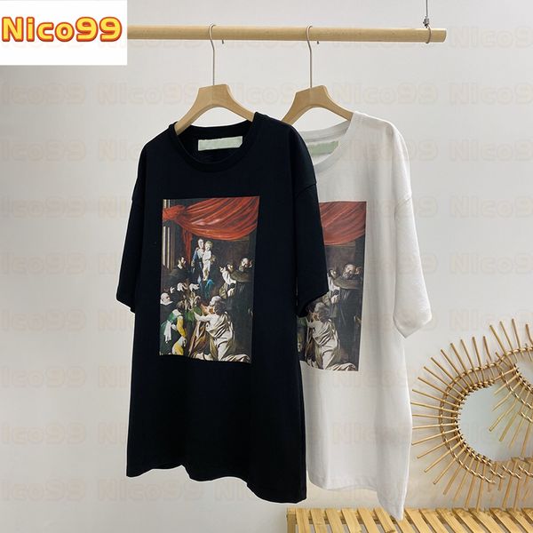 

22ss white tee virgin oil painting print according to the figure finger loose fashion versatile cotton men women short sleeve, White;black