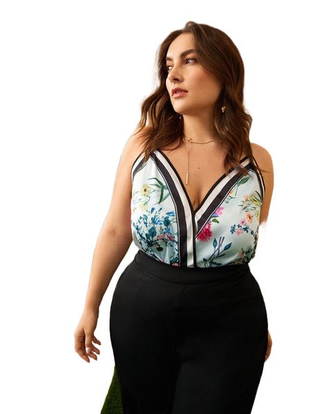 

plus floral & striped print wrap cami s7pq#, Black