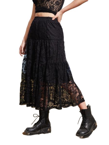 

romwe gothic grunge lace floral flare skirt a3oj#, Black