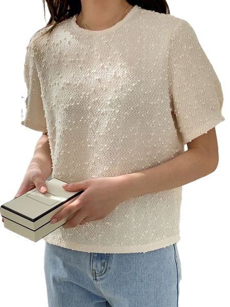 

dazy swiss dot textured round neck tee q7u2#, White