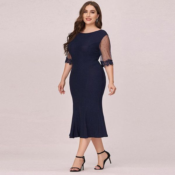 Abiti da festa Abito da sera a mezza manica con ricami in pizzo Elegante O-Collo Impero Piega A-Line Semplice lunghezza tè Plus Size Abiti da cerimonia donna D9