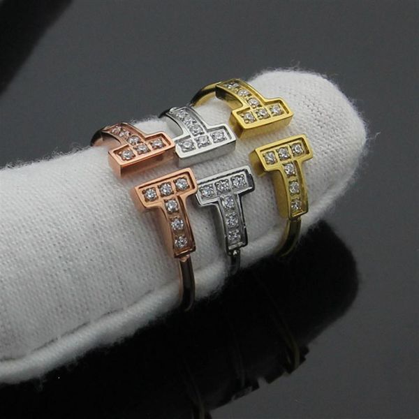 

new rose gold silver pated titanium steel opening double t letter rings for women fashion crystal finger love ring bague femme men191c