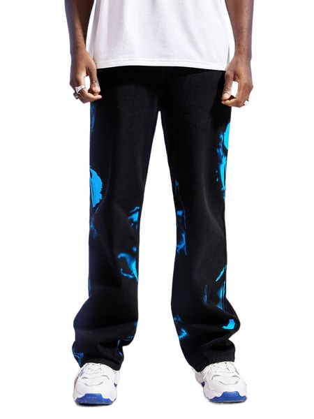 

romwe y2k revival guys graphic straight leg jeans n96g#, Blue