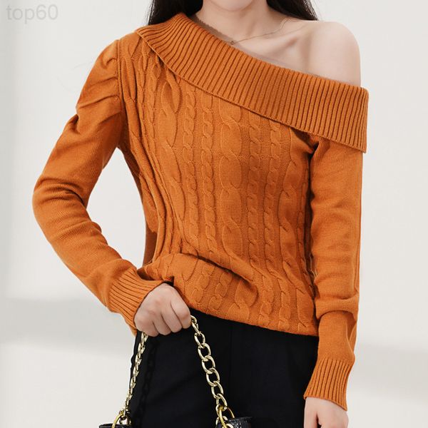 

women's sweaters designer []new autumn and winter long sleeved linen off shoulder solid color sweater irregular oblique neck loose knit, White;black