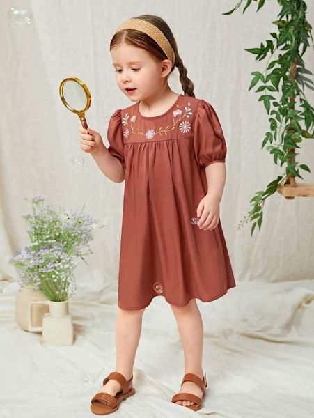 

toddler girls floral embroidery puff sleeve dress she, Red;yellow
