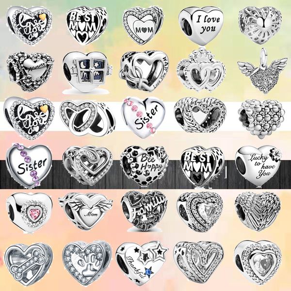 925 Charms de pulseira para Pandora Charm Conjunto de charme original cor brilhante amor amor coração irmã família clássico europeu Colar Charms Jewelry