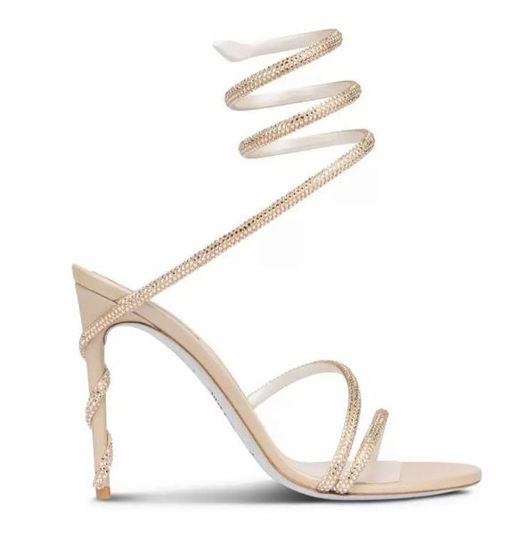 

rene caovilla margot embellished suede snake strass stiletto heel sandals evening shoes women high heeled luxury designers ankle wraparound, Black