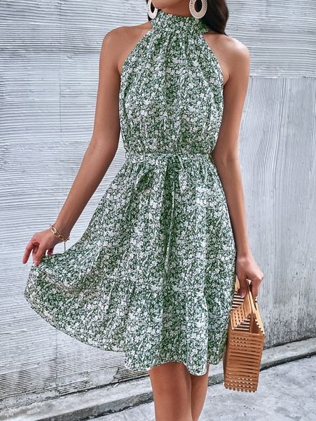 

ditsy floral halter neck ruffle hem belted dress d9vp#, Black;gray