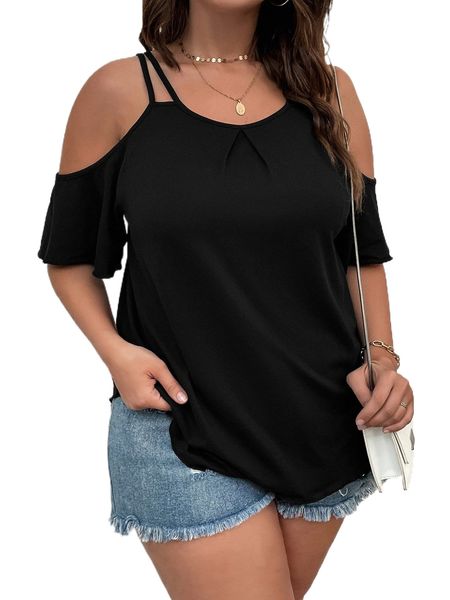 

plus cold shoulder plicated detail tee 77gi#, Black