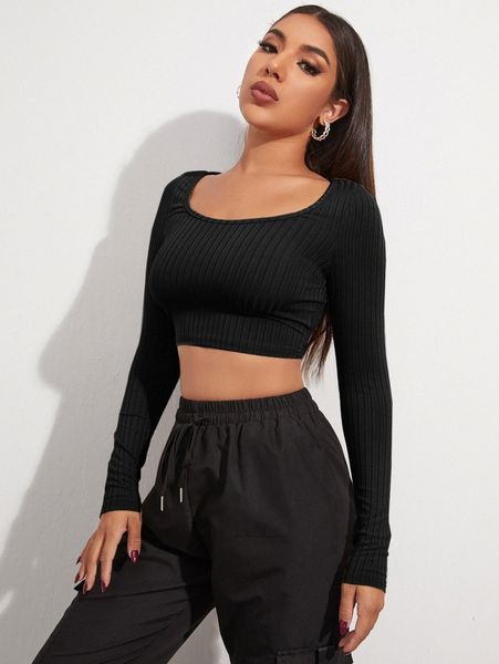 

scoop neck rib-knit slim crop tee m9qy#, White