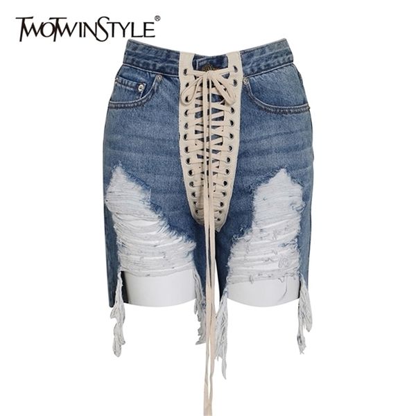 

twotwinstyle patchwork cross strap denim women's shorts high waist hole tassel streetwear shorts female summer fashion 210331, White;black