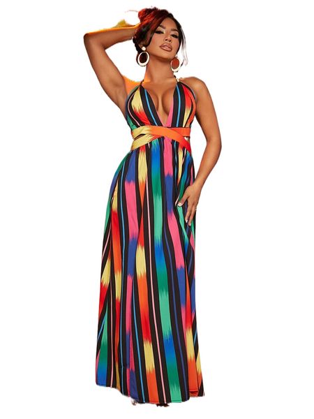 

block striped cut out split thigh tie backless halter dress y0ys#, Black;gray