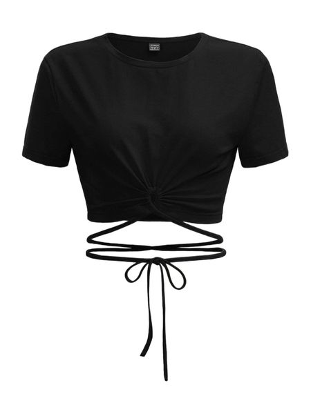 

solid crisscross knot hem crop tee 58op#, White