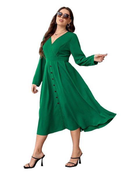 

plus surplice neck button detail dress p7aq#, Black